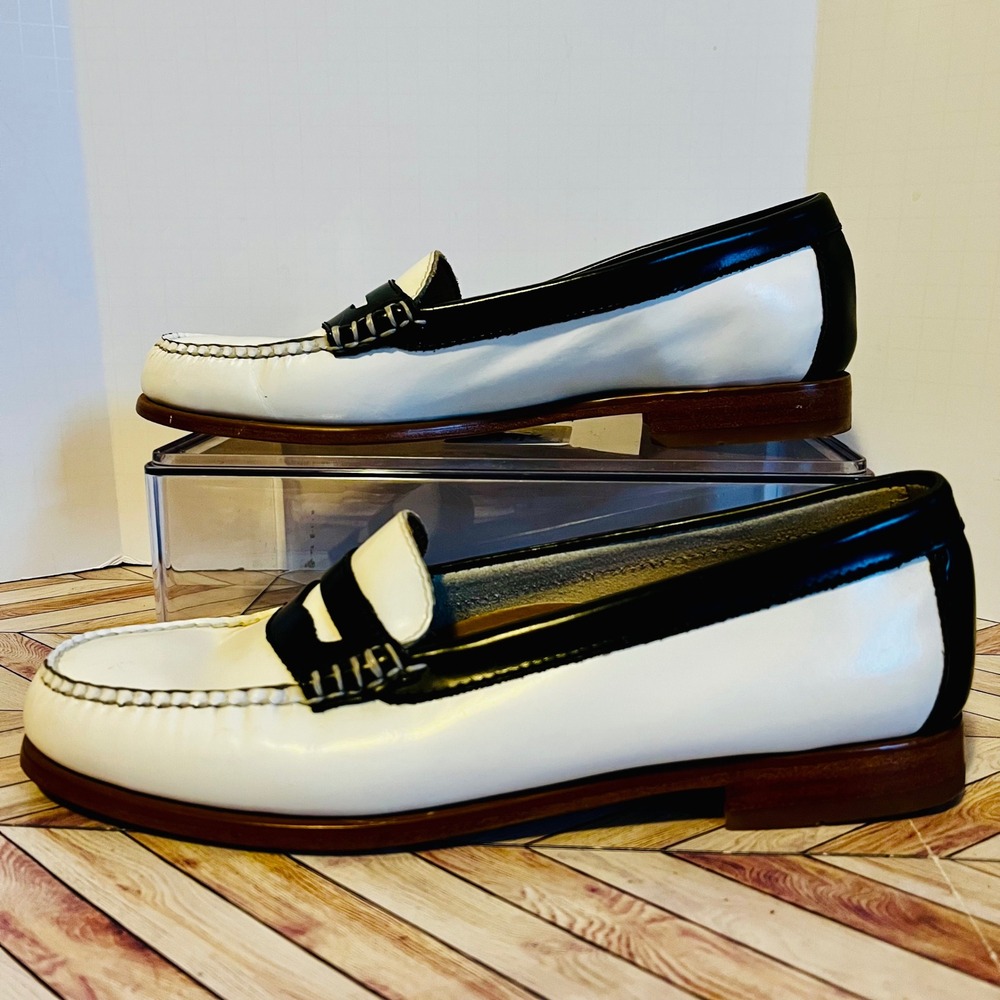 G.H. Bass Weejuns Penny Loafers Womens 8 White Black Leather Preppy Trad Tuxedo